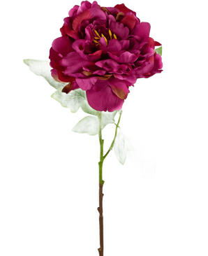 Een enkele Kunstbloem Pioen 61 cm roze, met meerdere groene bladeren op een lange bruine steel, tegen een witte achtergrond.