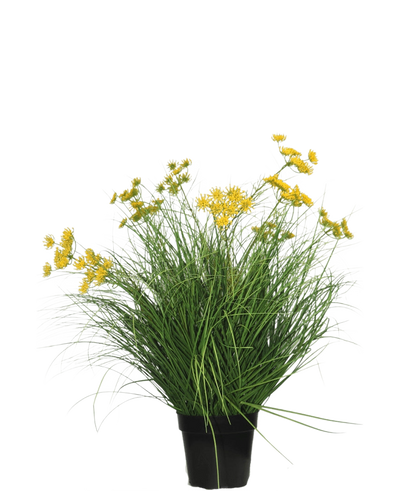 De Kunst Grasplant Asteraceae 70 cm brandvertragend heeft lange, dunne groene bladeren en trossen kleine gele bloemen in een zwarte pot, wat een onderhoudsvriendelijke kunstgrasplant is tegen een effen witte achtergrond.