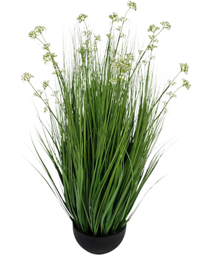 The Artificial Grass Leek Flower Onion Grass Pot 100cm fire retardant is an artificial grass plant in a pot with long, slender blades and small white flower clusters in a black round pot, depicted against a plain white background.