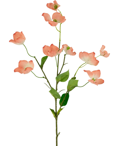 Het Kunstkornoelje Real Touch Lichtroze 74cm heeft een enkele steel met meerdere takken, elk versierd met lichtroze kornoeljebloemen en groene bladeren, tegen een effen witte achtergrond.