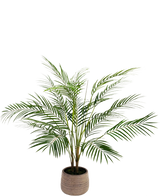 De Kunstpalm Chamaedorea 83 cm heeft lange, slanke groene bladeren en wordt geleverd in een ronde, beige plantenbak met textuur tegen een witte achtergrond.