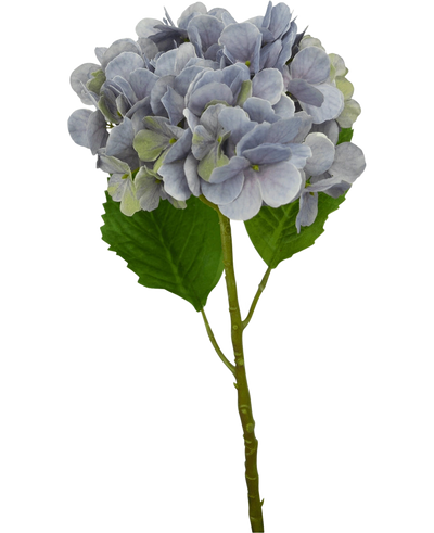 Een enkele Kunst Hortensia Deluxe 57 cm lila steel met lichtpaarse bloemblaadjes en twee grote groene bladeren, geïsoleerd op een witte achtergrond.