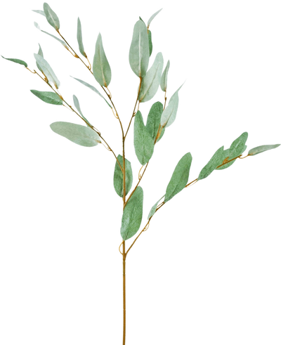De Kunsttak Eucalyptus 86 cm groen heeft een enkele decoratieve eucalyptustak met slanke groene zijden bladeren en dunne bruine stengels, geïsoleerd afgebeeld op een witte achtergrond.