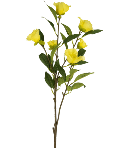 De Kunstbloem Camellia 80 cm geel heeft een enkele steel met meerdere felgele kunst camelia bloemen en groene bladeren, afgebeeld tegen een effen witte achtergrond.