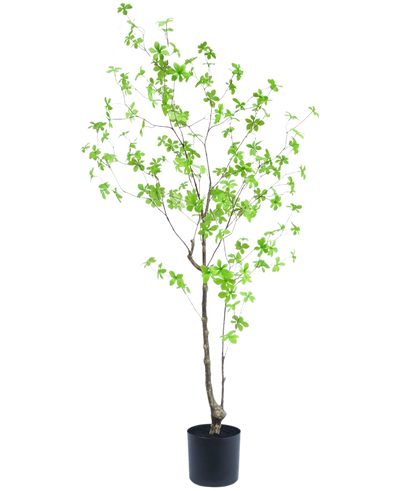De Kunstplant Enkianthus 150 cm is een hoge potplant met dunne takken en kleine, heldergroene bladeren tegen een effen witte achtergrond.