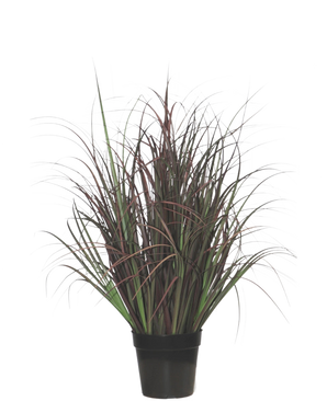 De Kunst Grasplant Wild Lawn 70 cm, brandvertragend, heeft donkergroene en roodpaarse smalle bladeren in een zwarte pot - perfect als onderhoudsvrije plant voor elk interieur.