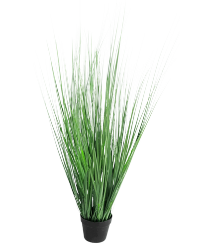 De Kunst Grasplant Ui 130 cm brandvertragend is een siergrasplant in pot met lange, slanke groene bladeren, tegen een effen witte achtergrond.