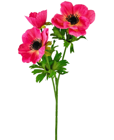 De Kunstbloem Anemoon vertakt 56 cm roze heeft een enkele groene steel met drie helderroze anemoonbloemen met een donker hart en delicate, geruwde bloemblaadjes, plus groene bladeren, tegen een effen witte achtergrond.