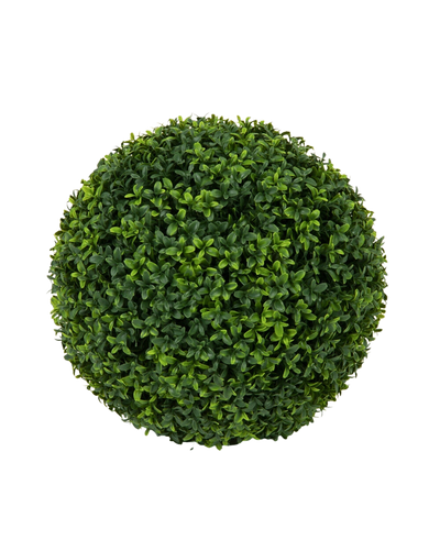 De Kunstplant Buxus romeinse stijl UV D40cm is een ronde, dichte kunst buxus vormsnoei met kleine glanzende groene blaadjes die lijken op echt groen, geïsoleerd afgebeeld op een witte achtergrond.