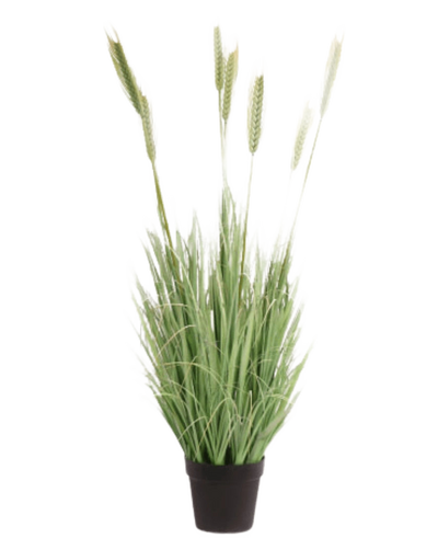 In een zwarte pot zit de Kunst Grasplant Groen 130 cm brandvertragend-hoog, groen, vlamvertragend kunstgras met tarwe-achtige aren-ideaal voor een sfeervolle inrichting.