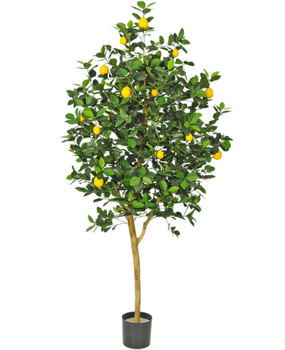 De Kunstplant Citroenboom 150 cm heeft een bruine stam, groene bladeren en meerdere gele citroenen in een pot tegen een effen witte achtergrond.