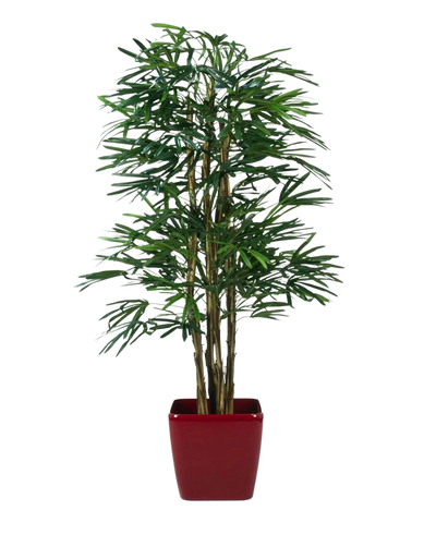 De Lady Kunstpalm 180 cm heeft slanke groene bladeren en meerdere dunne stelen in een glanzend rode vierkante plantenbak - een ideale groene kunstplant voor moderne interieurs.