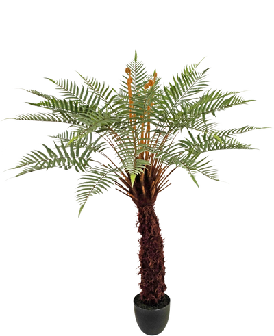 De Kunstplant Dicksonia 127 cm is een hoge varen in pot met een bruine, gestructureerde stam en lange, gebogen groene bladeren tegen een witte achtergrond.