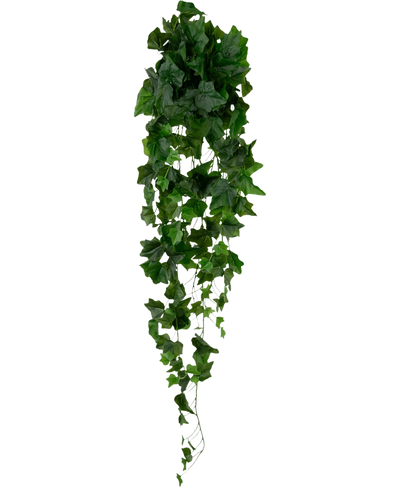 De Kunst Klimop 105 cm groen heeft dichte groene bladeren die naar beneden vallen, waardoor een weelderig, slepend klimopeffect ontstaat tegen een effen witte achtergrond.
