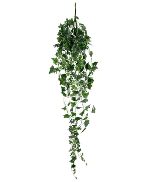 De Kunst Klimop 130 cm groen/wit is een hangende kunstklimopplant met lange, slepende groene bladeren en witte randen, afgebeeld tegen een effen witte achtergrond.