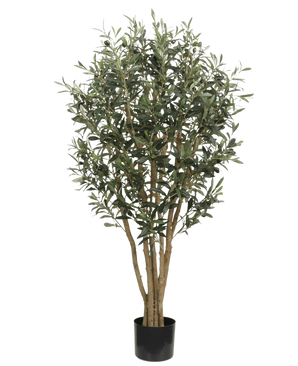 The Artificial olive tree UV 120 cm has slender light brown trunks and dense green leaves, is UV-resistant for lasting outdoor beauty and comes in a simple black pot - ideal as an artificial plant outdoors against any background.