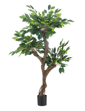 De Kunstplant Ficus Crazy 120 cm is een hoge kunstboom in pot met meerdere bruine stammen en dicht groen blad, afgebeeld tegen een effen witte achtergrond.
