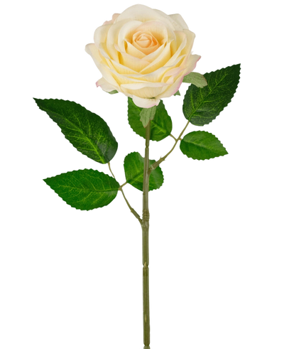 De Kunstroos "Emine" Real Touch geel/crème 43cm is een enkele crèmegele kunstroos met groene bladeren op een lange, slanke steel, afgebeeld tegen een effen witte achtergrond.