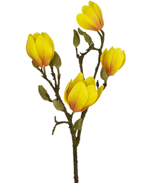 Een Kunstbloem Magnolia 50 cm geel/oranje tak toont een aantal levendige geeloranje bloemen en een paar groenachtige donzige knoppen, tegen een witte achtergrond.