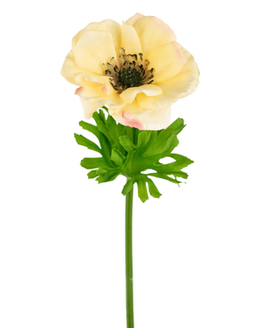 The Artificial Anemone Real Touch yellow 52cm is a lifelike artificial anemone with a light yellow flower, dark heart, light green deeply lobed leaves and a long green stem, perfect for decoration and on a white background.