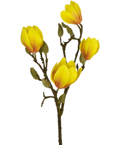 De Kunstbloem Magnolia 50 cm geel/oranje, met verschillende felgele en oranje bloemen met groene knoppen, valt op als een opvallende kunstbloemen decoratie tegen een effen witte achtergrond.