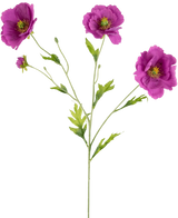 The Artificial Poppy Real Touch Purple 65cm has a single green stem with three blooming purple flowers and several buds, each flower with a yellow center and delicate green leaves, all against a plain white background.