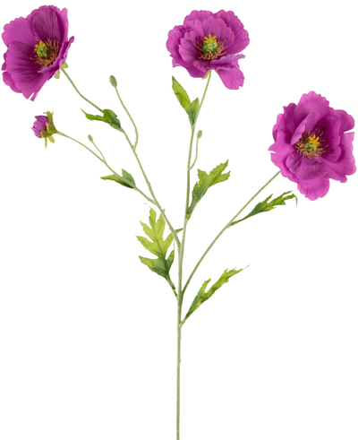 The Artificial Poppy Real Touch Purple 65cm has a single green stem with three blooming purple flowers and several buds, each flower with a yellow center and delicate green leaves, all against a plain white background.