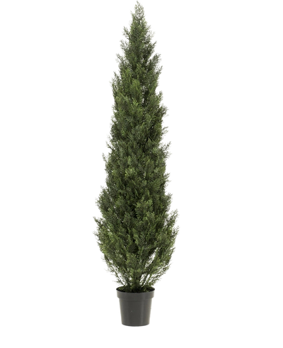 De Kunstplant Conifeer UV 180 cm is een hoge, smalle kunstgroene groenblijver met dicht groen blad in een zwarte kunststof pot, tegen een effen witte achtergrond.
