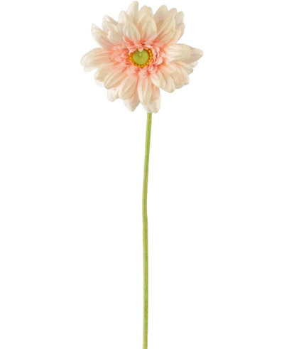De Kunstbloem Gerbera mini 47 cm zachtroze heeft een enkele lichtroze margriet met zachte bloemblaadjes en een geelgroen hart op een lange, slanke groene steel, tegen een witte achtergrond.