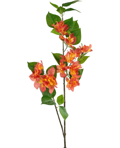 De Kunsttak Bougainvillea 81 cm perzik heeft een enkele steel met trossen perzikoranje en gele bloemen, aangevuld met groene bladeren, tegen een witte achtergrond.