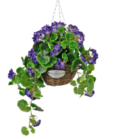 The Artificial Begonia purple in basket UV 70cm is a hanging wicker basket with green leaves and vibrant purple flowers, suspended from a silver chain and fitted with a small metal label with the text "Flowers.
