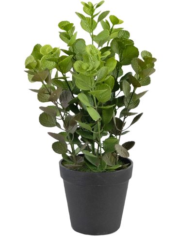 De Kunstplant Vicks 33 cm is een kleine, groene kunstplant met ronde bladeren in een matzwarte pot, tegen een effen witte achtergrond.
