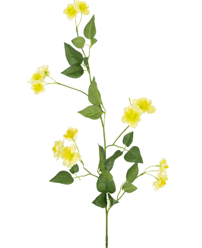 De Kunstbloem Boterbloem 77 cm is een enkele groene stengel met meerdere takken, kleine gele bloemen en groene bladeren-ideaal voor je boeket samenstellen-getoond op een effen witte achtergrond.