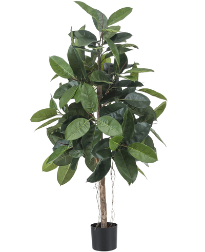 De Kunstplant Rubberplant 150 cm heeft brede, glanzende donkergroene bladeren en staat in een kleine zwarte sierpot tegen een effen witte achtergrond.