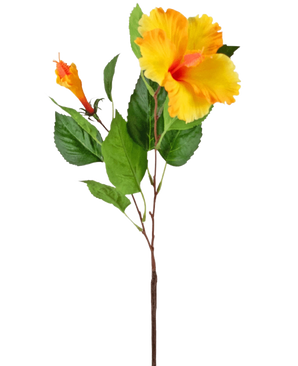 De Kunstbloem Hibiscus 64 cm geel heeft een enkele steel met levendige gele hibiscusbloemen en groene bladeren, afgebeeld tegen een witte achtergrond.