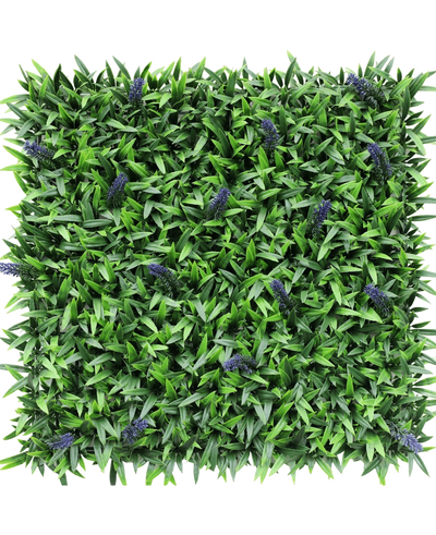 De Kunsthaag Lavendel 50x50 cm UV is een vierkant kunstgroen bladerpaneel met kleine trosjes paarse lavendelbloemen, van bovenaf afgebeeld op een witte achtergrond.