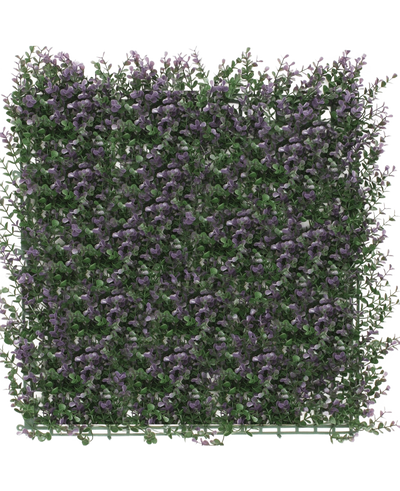 De Kunsthaag Buxus paars 50x50 cm UV is een dicht, vierkant paneel van kunstgroen met kleine paarse bloemen, waardoor een weelderige verticale tuinmat ontstaat die perfect is om een witte achtergrond op te fleuren.