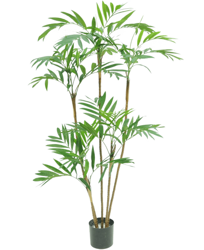 De Kunstplant Parlour Deluxe 120 cm is een hoge kamerpalm in pot met meerdere slanke bruine stengels en trossen lange, smalle groene bladeren, tegen een effen witte achtergrond.