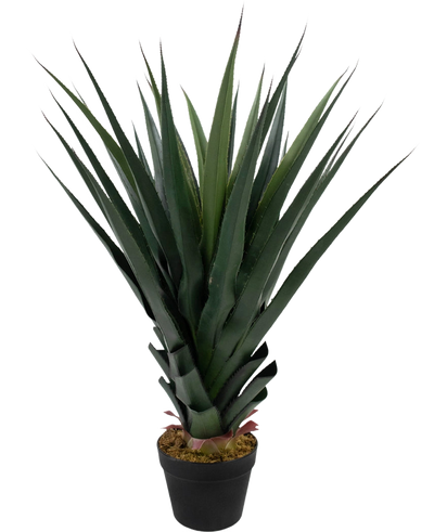 De Kunstplant Agava Pandora UV 85 cm heeft lange, puntige groene bladeren met roodachtige uiteinden, in een zwarte pot tegen een effen witte achtergrond.