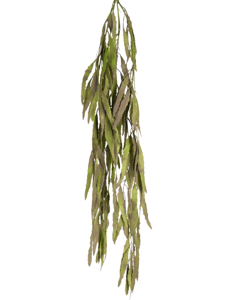 The Artificial hanging plant Aloe Vera 102 cm has long, narrow green leaves with serrated edges that fall down against a plain white background.