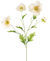 Een botanische illustratie van de Kunst Klaproos Real Touch Crème/geel 65cm, met een delicate steel met vier crèmegele klaproosbloemen en groene bladeren op een witte achtergrond.