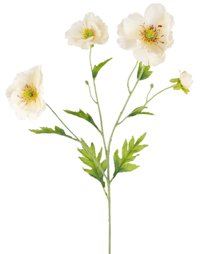 Een botanische illustratie van de Kunst Klaproos Real Touch Crème/geel 65cm, met een delicate steel met vier crèmegele klaproosbloemen en groene bladeren op een witte achtergrond.