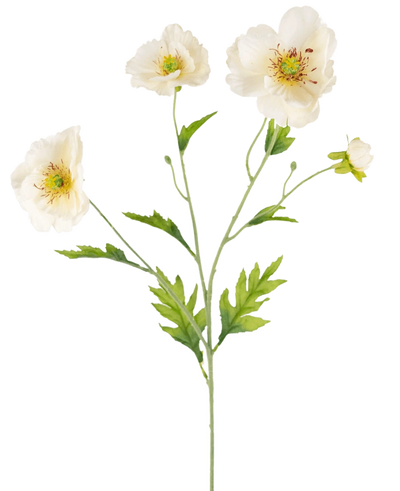 Een botanische illustratie van de Kunst Klaproos Real Touch Crème/geel 65cm, met een delicate steel met vier crèmegele klaproosbloemen en groene bladeren op een witte achtergrond.