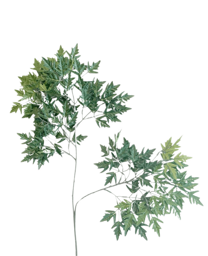 The Artificial Leaf Ming Aralia 50 cm green fire retardant is a tall, slender artificial plant with thin stems and bunches of green leaves with serrated edges against a plain white background.