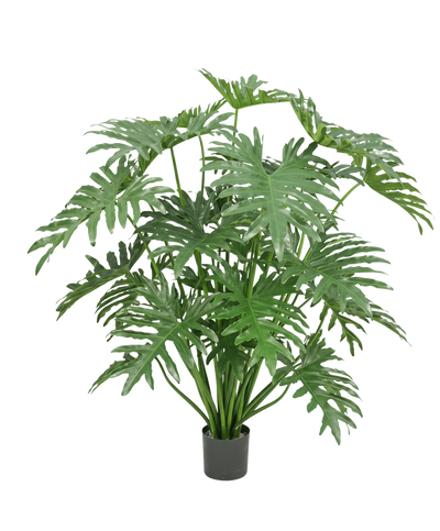 De Kunstplant Philodendron 125 cm heeft weelderige, glanzende, gespleten bladeren en is in pot afgebeeld tegen een effen witte achtergrond.
