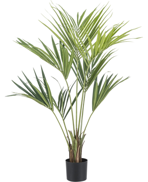 De Kunstpalm Kentia 135 cm is een hoge, groene kunstpalm met lange, slanke bladeren en meerdere stammen, in een pot tegen een effen witte achtergrond.