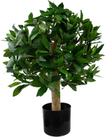 De Kunstplant Laurier UV d40 cm is een kleine kunstboom met dichte groene bladeren in een zwarte pot, afgebeeld tegen een witte achtergrond.