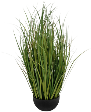 Het Kunstgras Dogtail uiengras Bran 90 cm brandvertragend is een zwarte pot met dichte, hoge, dunne, groene, grasachtige bladeren die rechtop staan, afgebeeld tegen een witte achtergrond.
