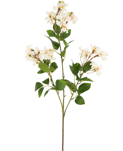 De Kunstbloem Lagerstroemia 92 cm wit heeft een hoge stengel met trossen kleine witte bloemen en groene bladeren, perfect om blijvende schoonheid toe te voegen aan elke ruimte. Ideaal als opvallende kunstplant tegen een effen witte achtergrond.
