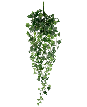 De Kunst Klimop 70 cm groen/wit is een hangende kunstklimopplant met weelderige groene en witte trapsgewijze bladeren aan lange stelen, tegen een effen witte achtergrond.